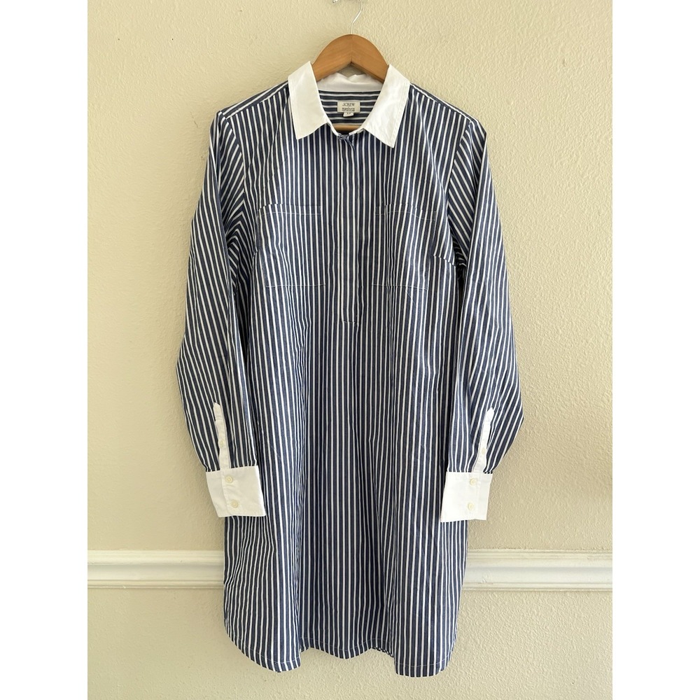 J. Crew Blue White Stripe Shirt Dress Size 14 Cotton Blend Contrast Collar Tunic